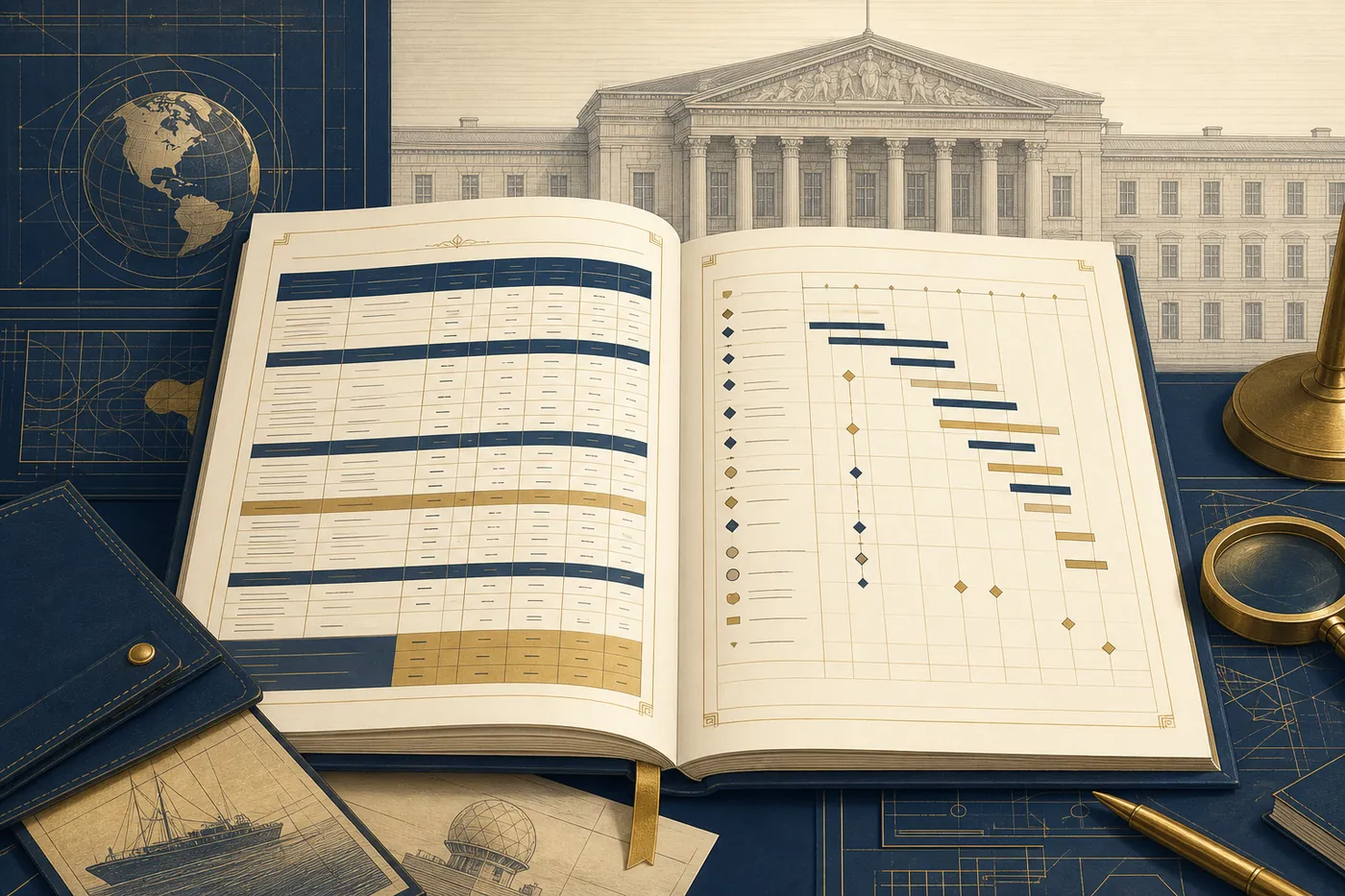An engraved budget annex with columned financial tables and a milestone calendar before a faint neoclassical facade, in navy, brass and cream.