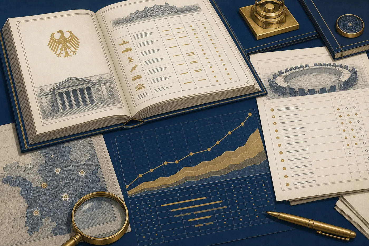 An engraved federal budget volume open at a column of named titles, beside a committee agenda sheet and a multi-year commitment chart, in navy, brass and cream.