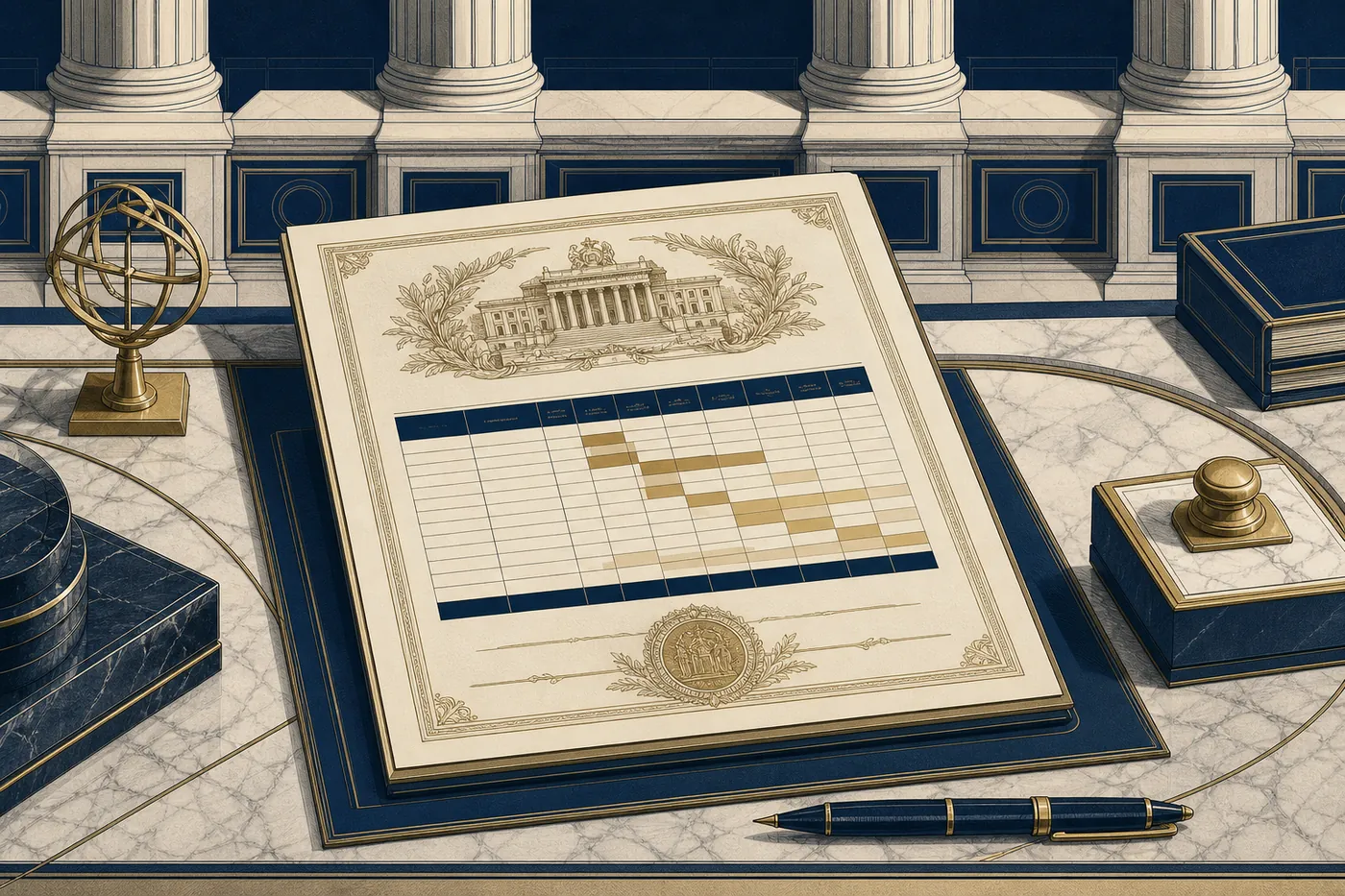An engraved parliamentary decree document with a multi-year cost table on a marble table before a faint colonnade, in navy, brass and cream.