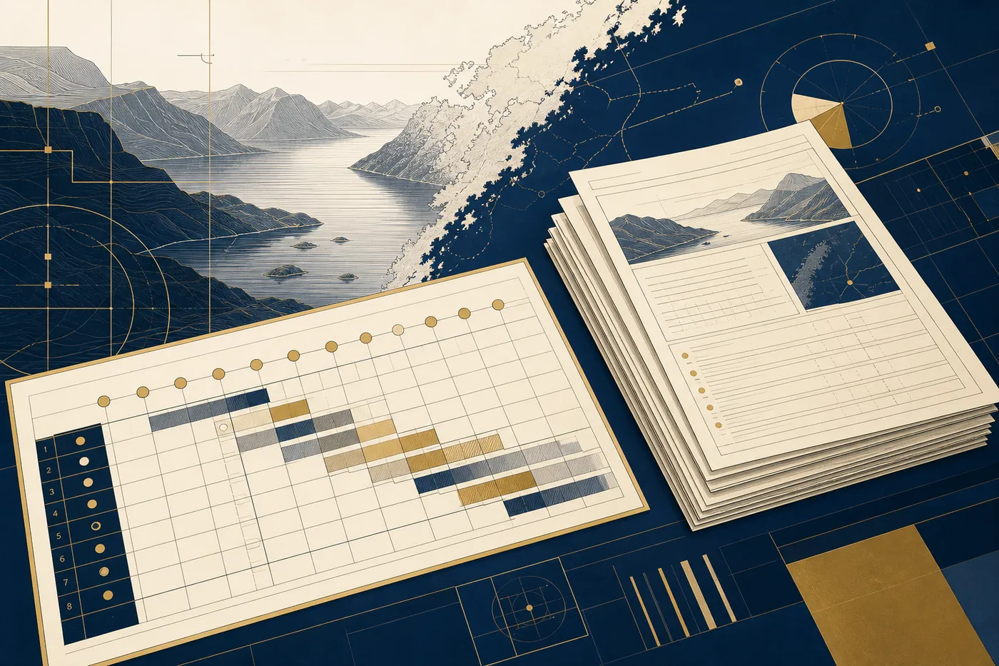 An engraved eight-year project table beside stacked weekly journal pages over a fine-line fjord coastline, in navy, brass and cream.