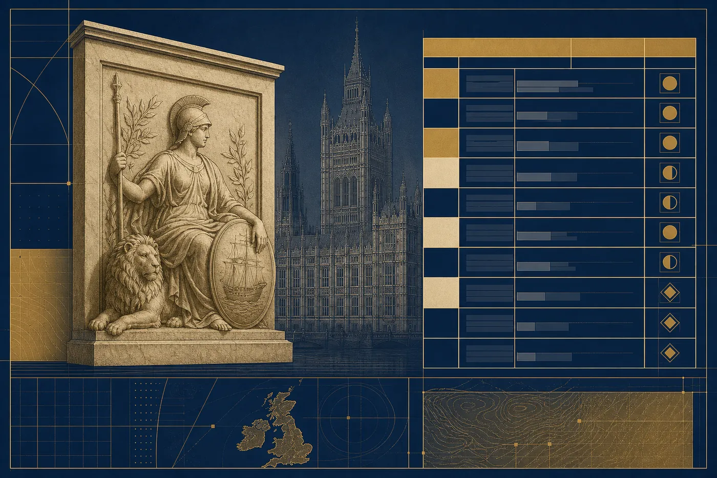 An engraved statute page beside a structured data table with rating markers, before a faint parliamentary facade, in navy, brass and cream.