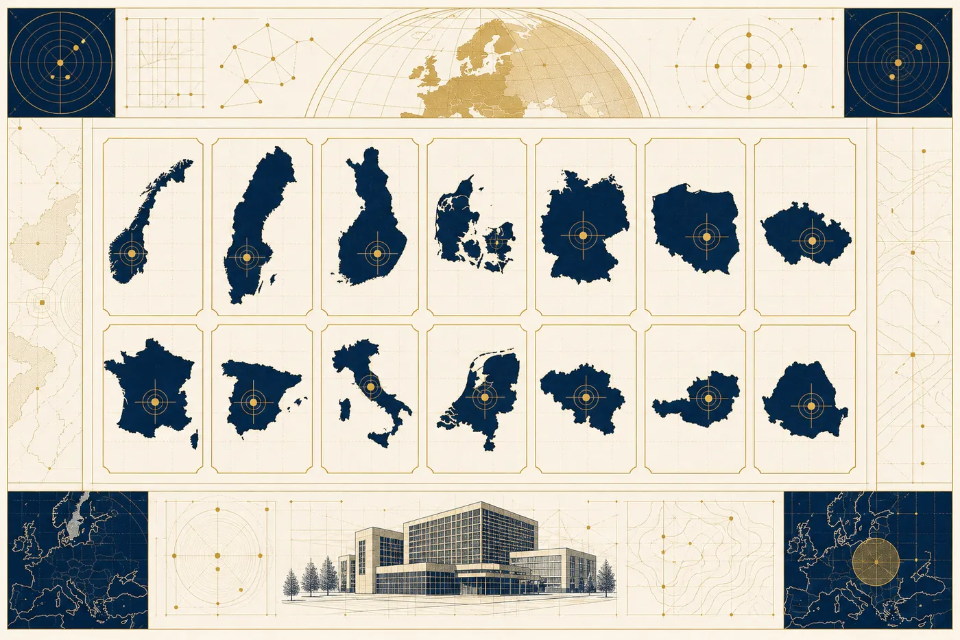 Chart of Europe with the fourteen jurisdictions covered by Dfensio