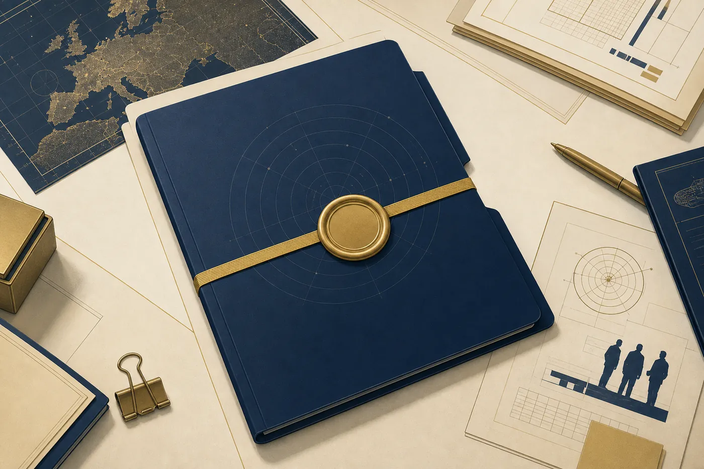 Sealed navy dossier folder with a brass seal