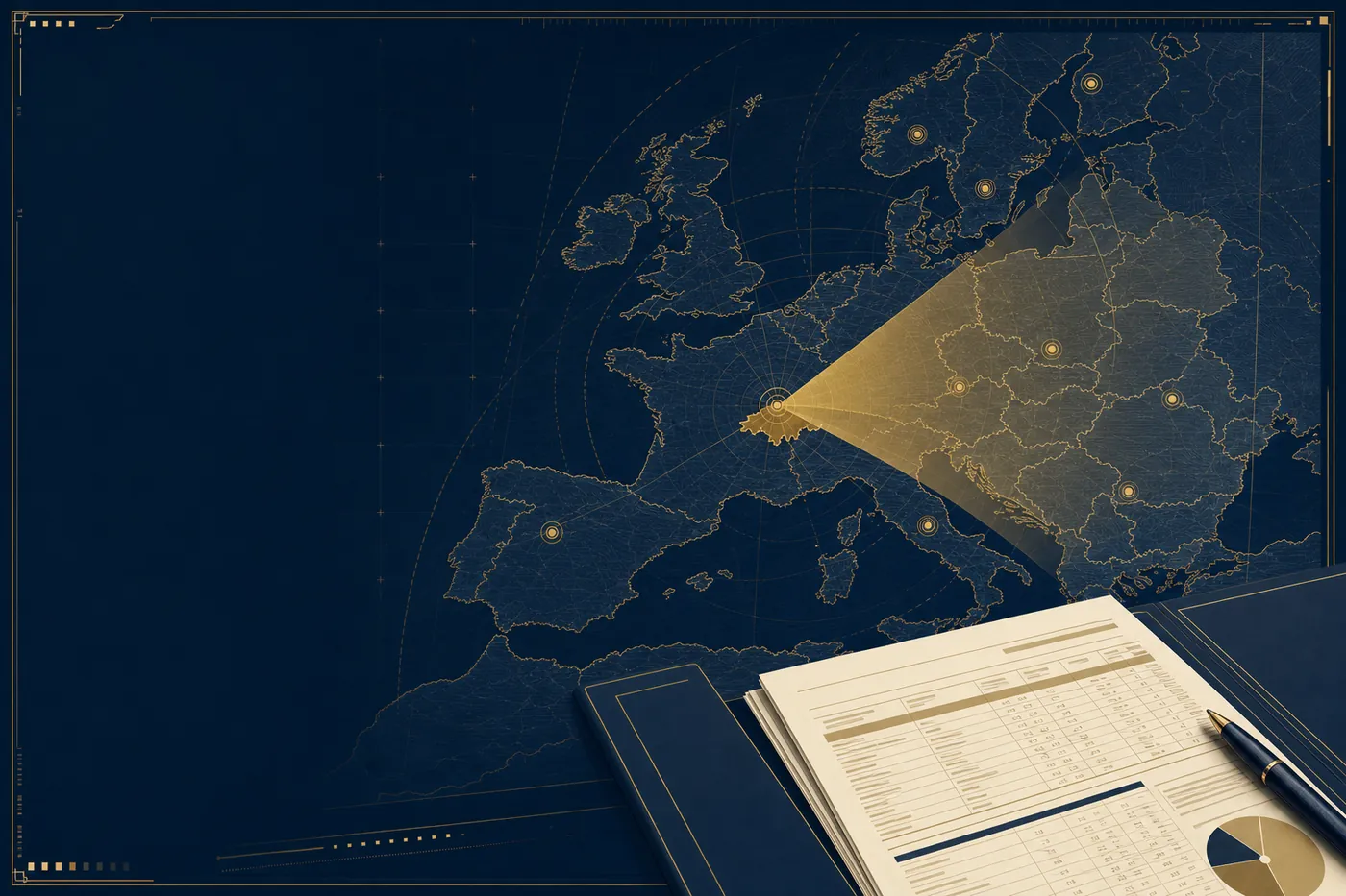 Radar sweep across a chart of Europe with official budget documents in the foreground